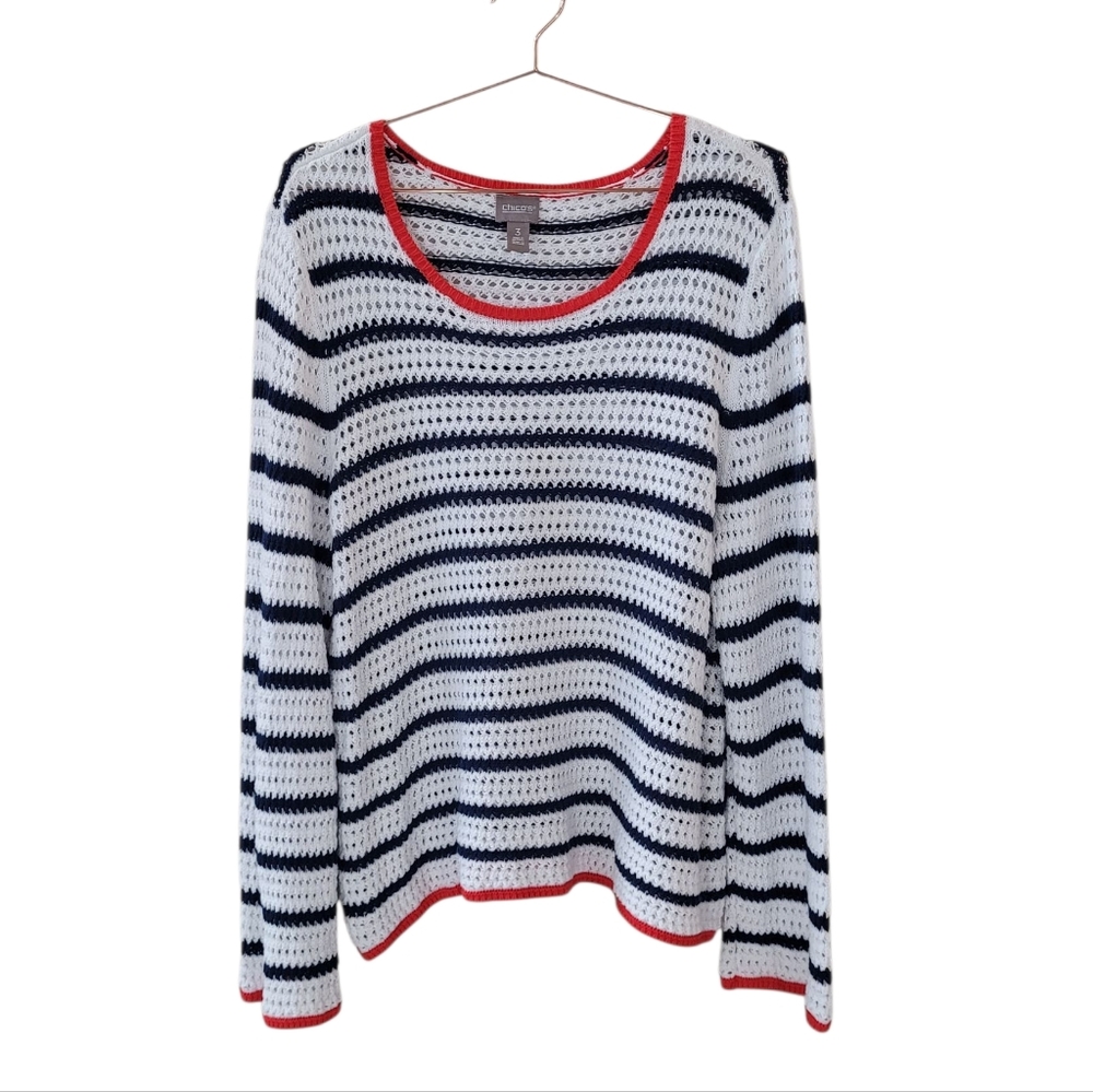 Chico's White and Navy Striped Scoop Neck Sweater with Red Trim